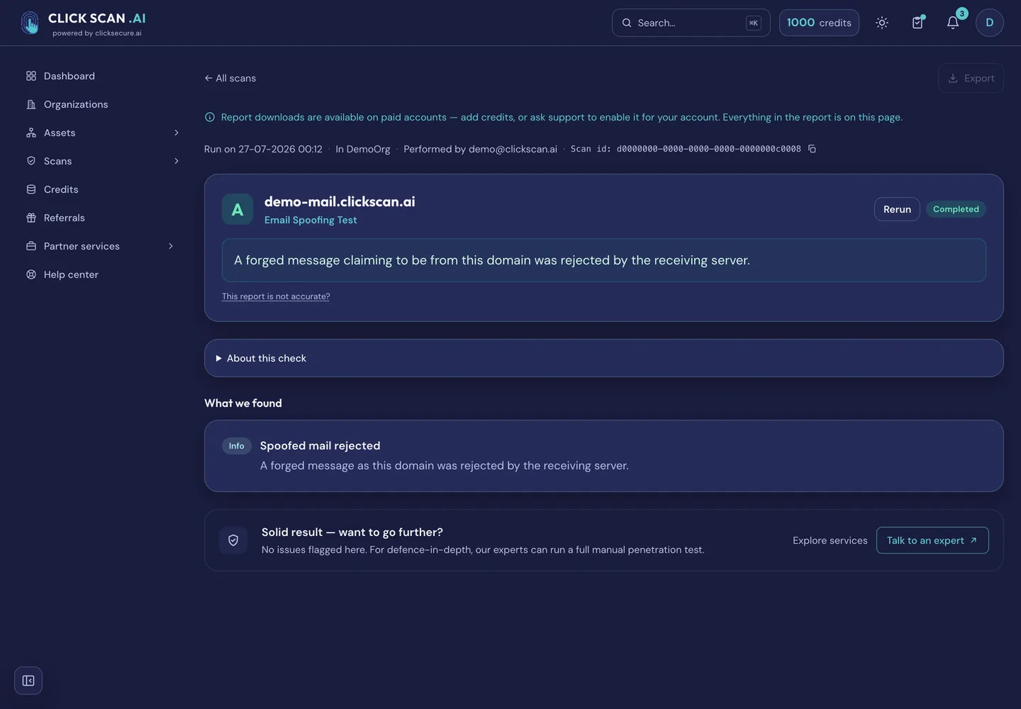 An email spoofing test report: a forged message claiming to be from the domain was rejected by the receiving server, graded A